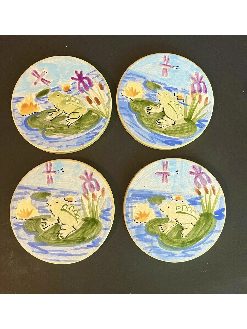 4 Terracotta Mesa International Handcrafted In Hungary Frog Lily Pads Coasters